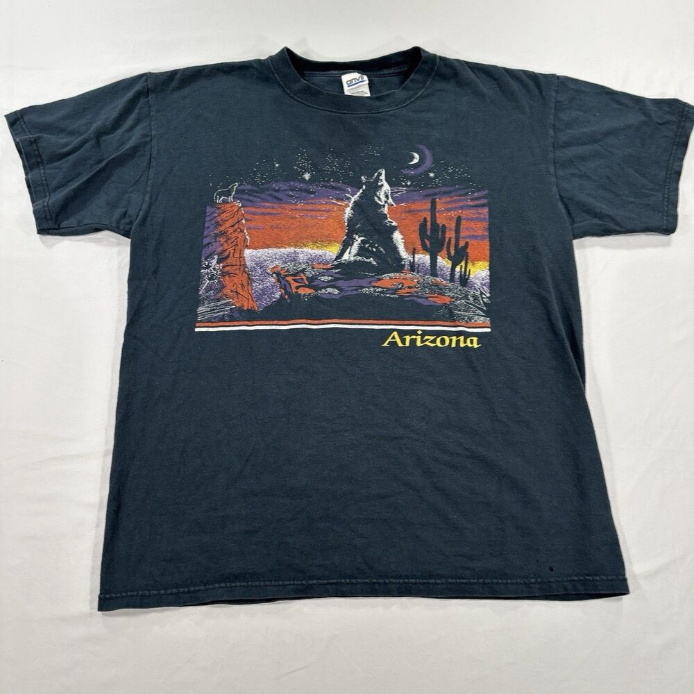 Vintage Anvil Arizona Wolf Howling Moon Mountain T Shirt Mens Large